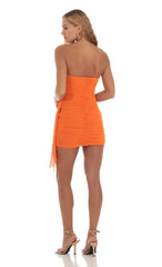 Mesh Draped Strapless Dress In Orange