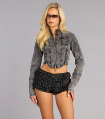 Cool Girl Zip-Front Cropped Denim Jacket