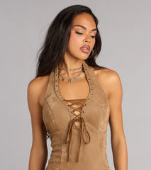 Low Key Heat Lace Up Halter Mini Dress
