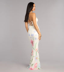 Melany Floral Sequin Lace-Up Formal Dress