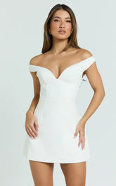 Irene Mini Dress Off Shoulder Bustier Tulip Skirt Dress In White