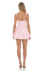 Bow Strap Shimmer Ruffle Dress In Pink