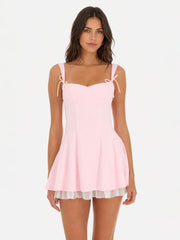 Bow Strap Shimmer Ruffle Dress In Pink