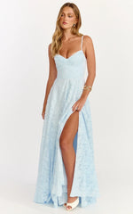 Rachel Maxi Dress - Sweetheart Neckline Jacquard Front Split Dress In Ice Blue