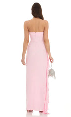 Strapless Ruched Ruffle Maxi Dress In Pink