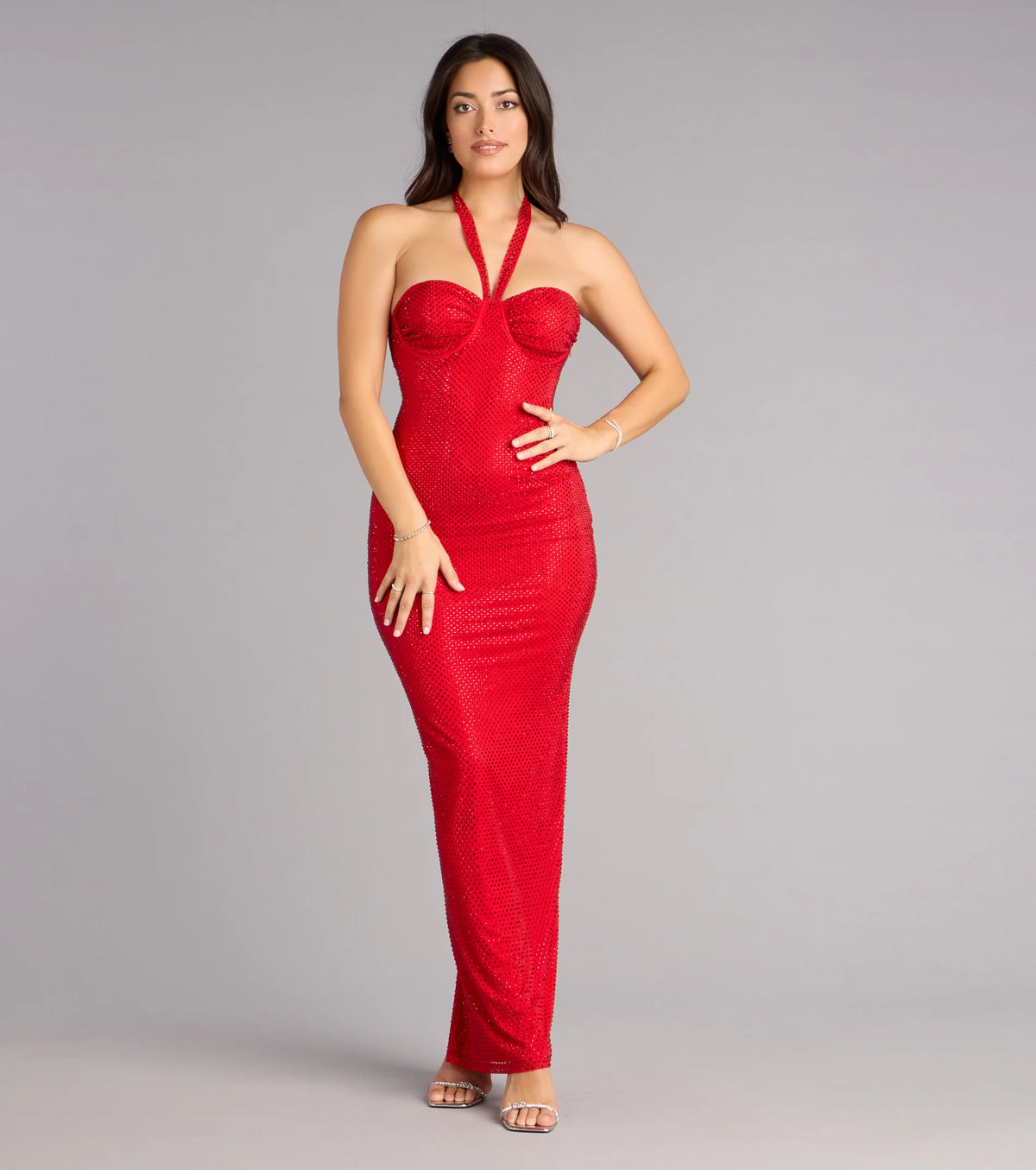 Mackinley Rhinestone Lace-Up Column Formal Dress