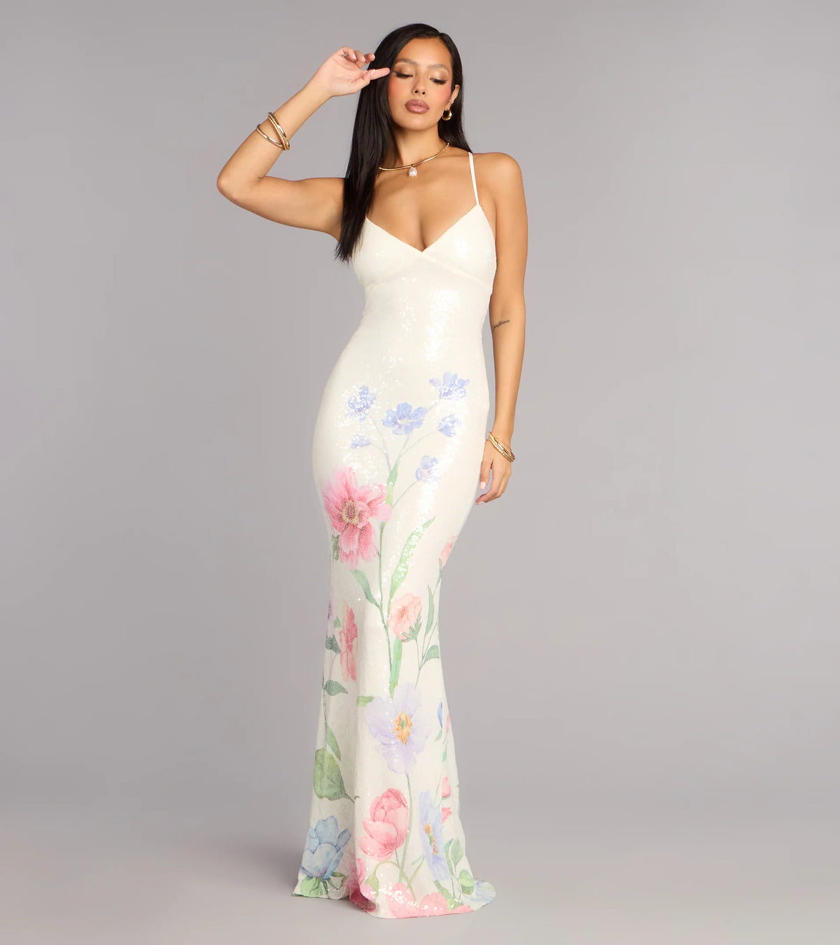 Melany Floral Sequin Lace-Up Formal Dress