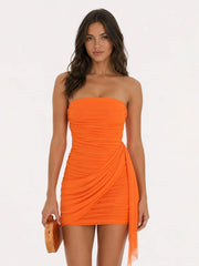 Mesh Draped Strapless Dress In Orange